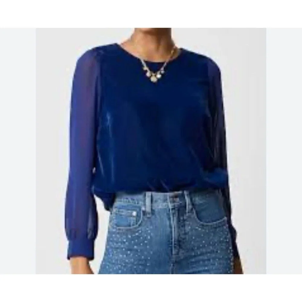 J.Crew Velvet Puff-Sleeve Top Size XXS Blue Round Necklace Pullover Blouse Top